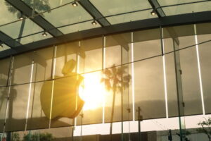 LOS ANGELES - 19 MARCH 2015: sunset silhouette of main logo at Apple store on 3rd Street in Santa Monica. The chain owned and operated by Apple Inc is dealing with computers and electronics worldwide