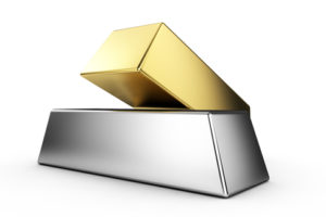 Pyramid from Golden and Silver Bars on white background 3d render