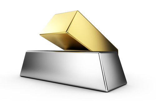 Pyramid from Golden and Silver Bars on white background 3D render